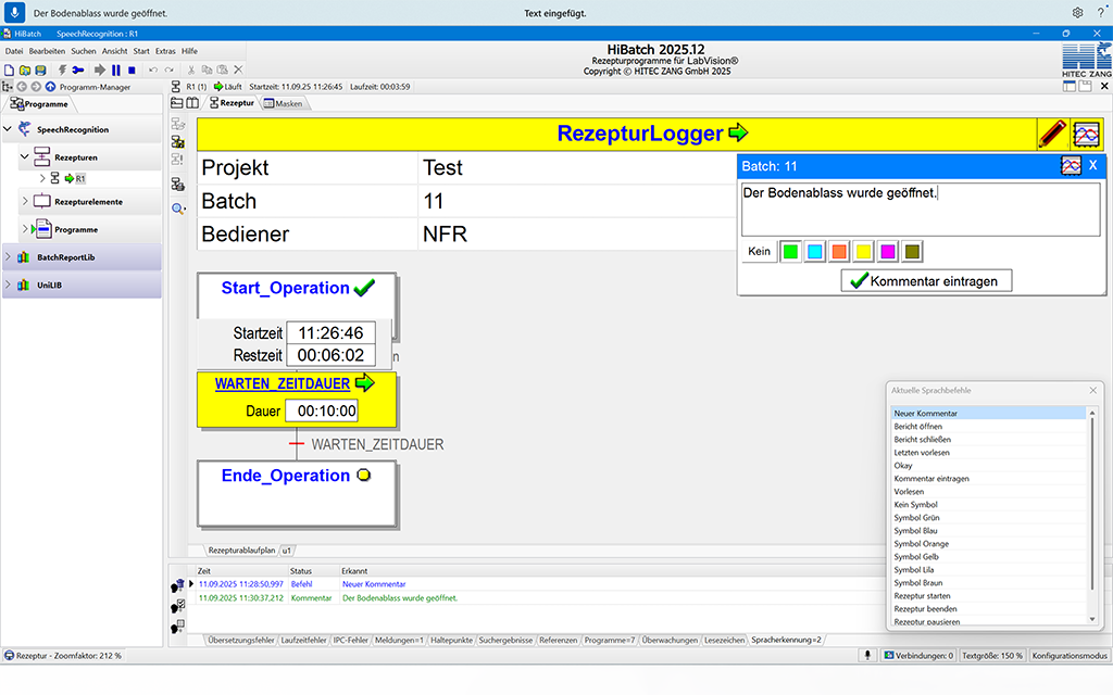 Screenshot des LabVision RezepturLoggers, der die Sprachsteuerung zeigt.